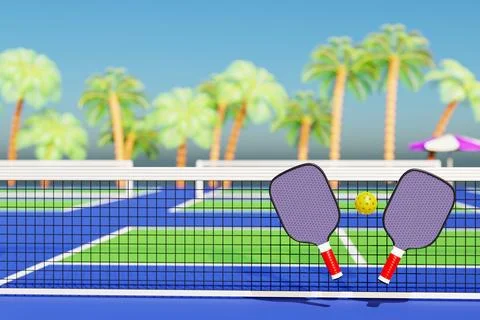 Pickleball two racket ball on the background of the grid court. Illustrazione stock