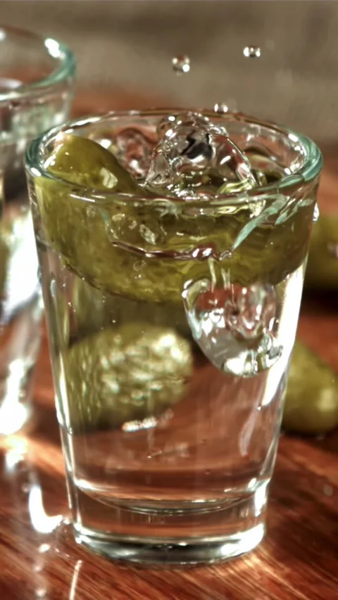 A pickled cucumber falls into a glass of vodka. Filmed on a high-speed camera at Stock Footage 335360041