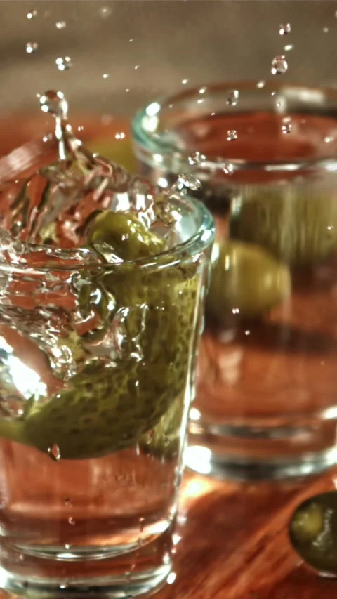 A pickled cucumber falls into a glass of vodka. Filmed on a high-speed camera at Stock Footage 335362086