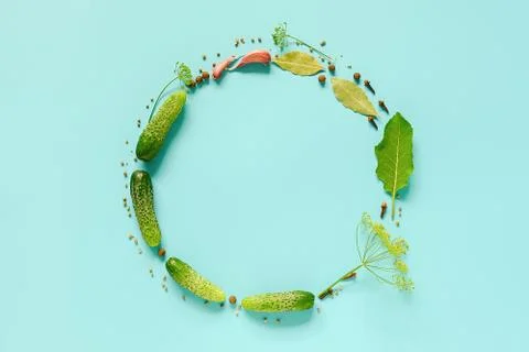 Pickled cucumbers. Circle frame with copy space from ingredients for marinate Stock Photos