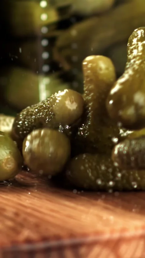Pickled cucumbers fall on a cutting board. Filmed on a high-speed camera at 1000 Stock Footage 335381744