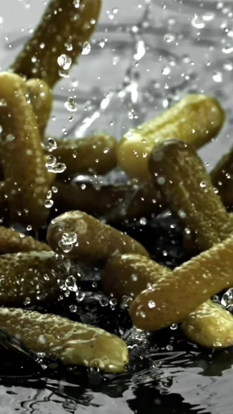 Pickled cucumbers fall on a wet surface. Filmed on a high-speed camera at 1000 Stock Footage 335380716