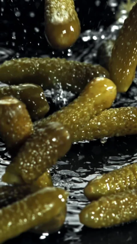 Pickled cucumbers fall on a wet table. Filmed on a high-speed camera at 1000 fps Stock Footage 335374525
