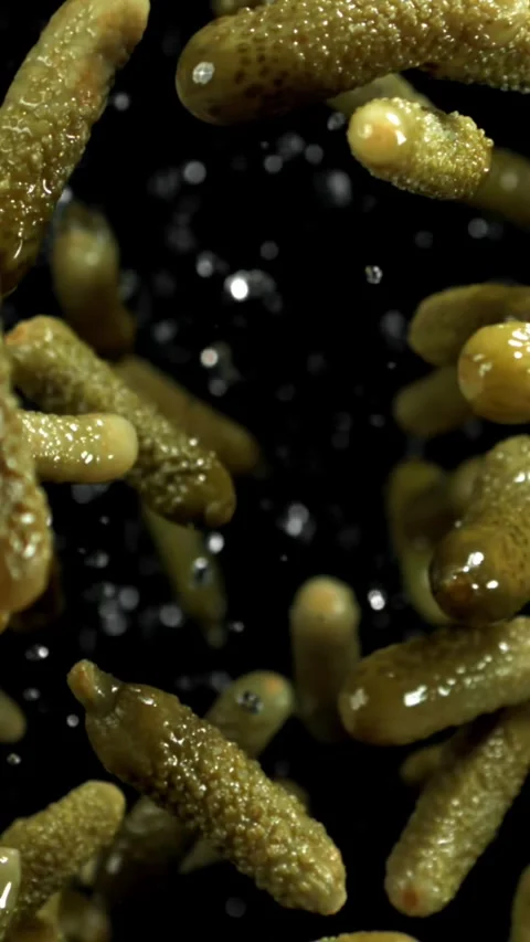 Pickled cucumbers fly up and fall down. Filmed on a high-speed camera at 1000 Stock Footage 335382885