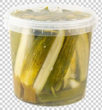 Pickled cucumbers in plastic container with brine Stock Photos