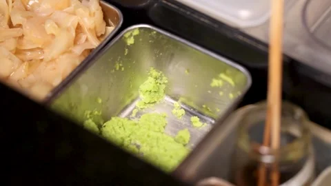 Pickled Ginger and Wasabi in Professional Sushi Prep Station Video stock 324937982