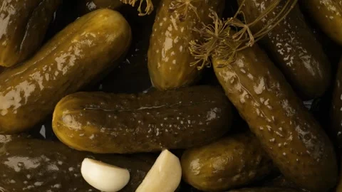 Pickled green cucumbers with garlic and dill Stock Footage 343435744