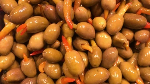 Pickled green olives with pepper Stock Footage 145221346