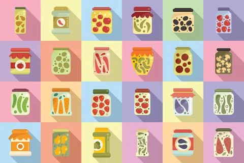 Pickled products icons set flat vector. Autumn canned Stock Illustration