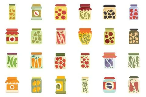 Pickled products icons set flat vector. Autumn canned Stock Illustration