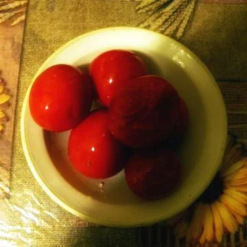 Pickled Red Tomatoes Served in a White Ceramic Bowl on Table Stock Photos