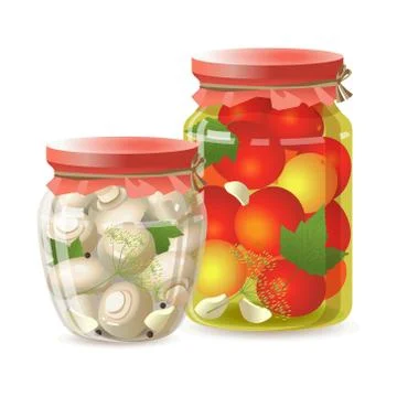 Pickled Tomatoes and Pickled Champignons in Glass jars with lids. Stock-Illustration