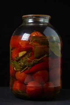 Pickled tomatoes on a black background. Pickled tomatoes in a container on a dar Stock Photos
