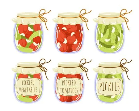 Pickled vegetables collection in flat style. Marinated cucumber, tomatoes Stock Illustration