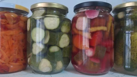 Pickled Vegetables In Glass Jars Stock Footage 345655113