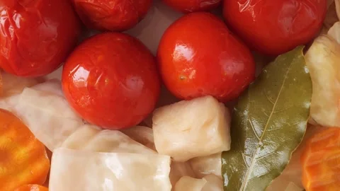Pickled vegetables with salted cherry tomatoes Stock Footage 335836935