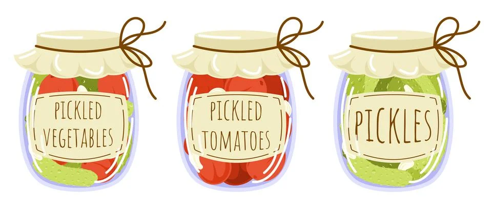 Pickled vegetables set in flat style. Canned cucumber, tomatoes, garlic with Stock Illustration