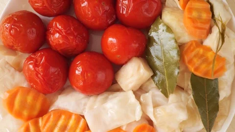 Pickled vegetables with spices rotating close up Stock Footage 336038402