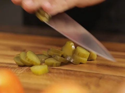 Pickles - Cutting Pickles On Wood - Complete Process - Front Angle Stock Footage 74975841