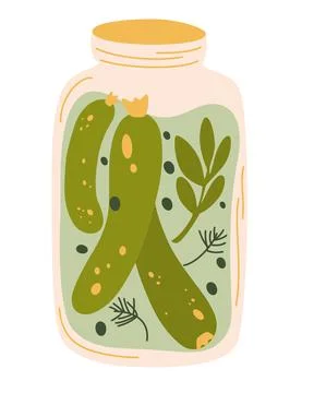 Pickles in jar, isolated jar of pickled cucumbers. Fermented veggies. Marinat Stock Illustration
