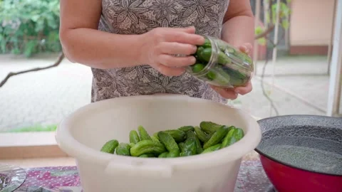 Pickling cucumbers. the process of placing cucumbers in jars. 스톡 동영상 245984459