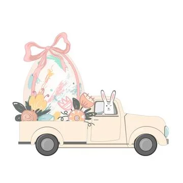 Pickup truck with a big Easter egg decorated wit a bow and flowers, and funny Stock Illustration
