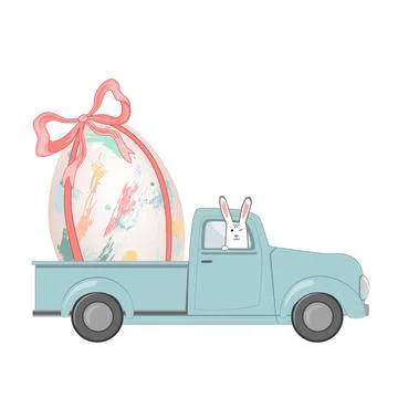 Pickup truck with a big Easter egg and funny bunny driver. Vector Illustratio Stock Illustration