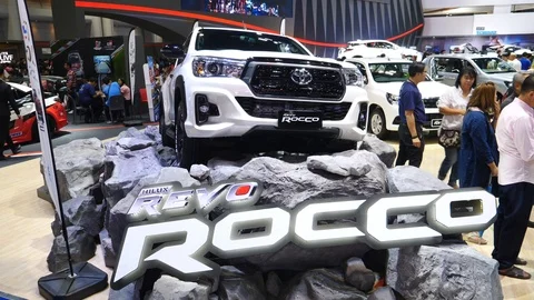 Pickup Truck Car Toyota Hilux Revo Rocco On Display At Motor Show. Stock Footage
