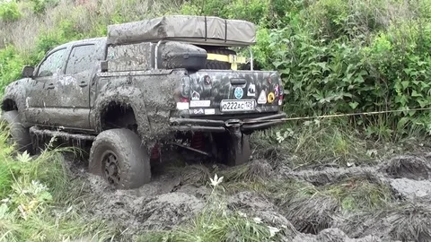 Pickup truck got stuck in the mud, off-road. Stock Footage 77433428
