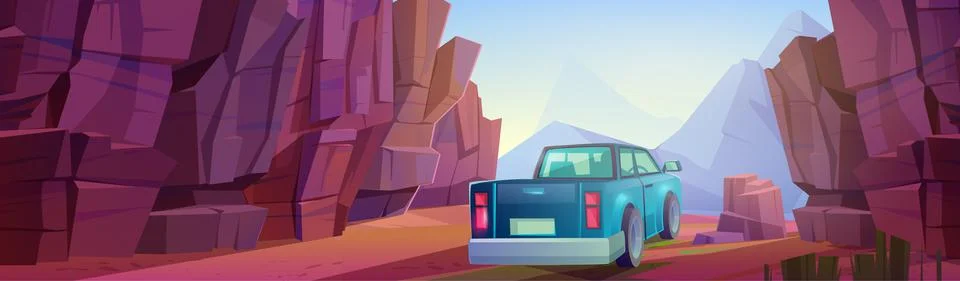 Pickup truck rides through canyon in mountains Stock Illustration