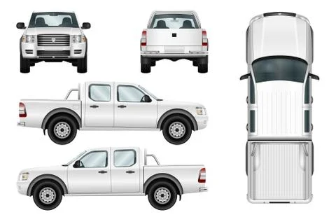 Pickup truck vector mockup side, front, back, top view Stock Illustration
