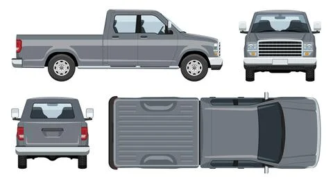 Pickup truck vector template, view from side, front, back and top Stock Illustration