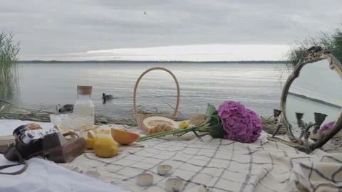 Picnic against the background of the water on which the ducks swim. On the veil Video stock 139040328