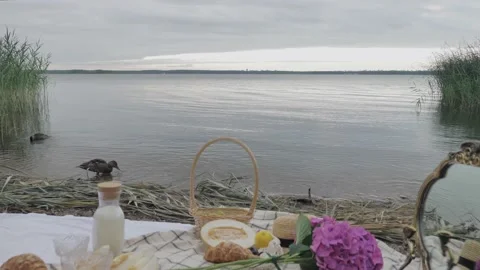 Picnic against the background of the water on which the ducks swim. On the veil Stock Footage