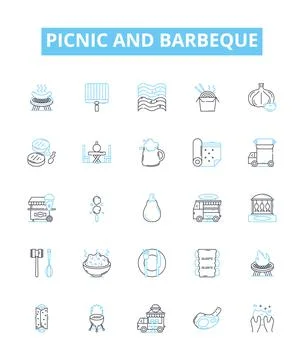 Picnic and barbeque vector line icons set. Picnic, Barbeque, BBQ, Outdoor, Grill Illustrazione stock