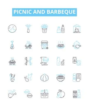 Picnic and barbeque vector line icons set. Picnic, Barbeque, BBQ, Outdoor, Grill Illustrazione stock