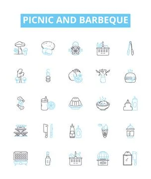 Picnic and barbeque vector line icons set. Picnic, Barbeque, BBQ, Outdoor, Grill Illustrazione stock