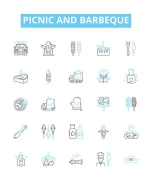 Picnic and barbeque vector line icons set. Picnic, Barbeque, BBQ, Outdoor, Grill Illustrazione stock