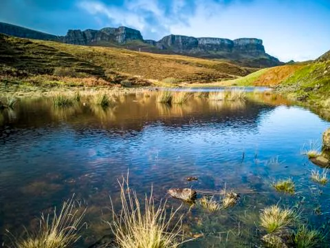 Picnic area at the road to Flodigarry next to Lochan nan Dunan with the Quiraing Stock Photos