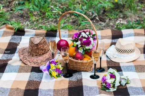 Picnic with attributes in the summer forest Foto stock
