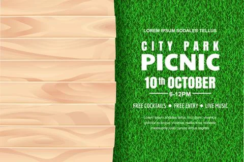 Picnic background. Vector poster, banner design template with realistic woode Stock Illustration