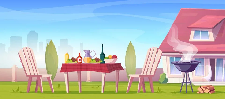 Picnic with barbecue and set table with food and drinks, chairs. Country house Stock Illustration
