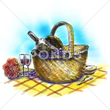 Picnic basket with wine and glasses Stock Illustration