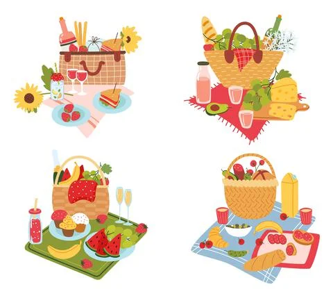 Picnic baskets compositions. Outdoor dining serving. Romantic wicker containers Stock Illustration