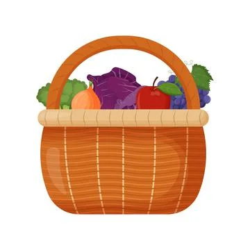 Picnic baskets. Wicker backet with fresh fruits. Broccoli, onion, cabbage Stock Illustration