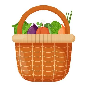 Picnic baskets. Wicker backet with fresh fruits. Cabbage, onion, peach. Flat  Stock Illustration