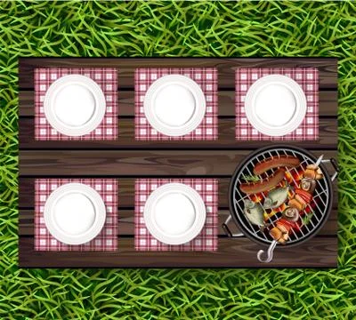 Picnic bbq Vector realistic. Top view plates Stock Illustration