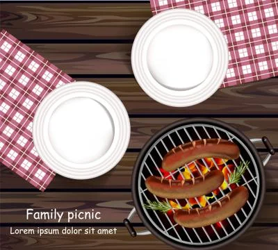 Picnic bbq Vector realistic. Top view plates Stock Illustration
