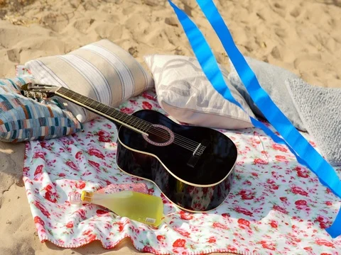 Picnic on the beach at sunset Stock Footage 74122764