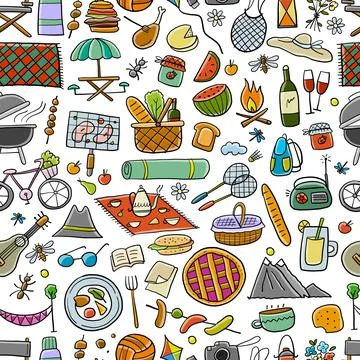 Picnic day. Seamless pattern for your design. Outdoor relax elements - Basket イラスト素材